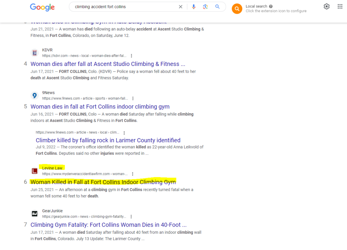 A google screenshot showing Levine Law ranking #6 in the search engine results pages for the search term "climbing accident fort collins"