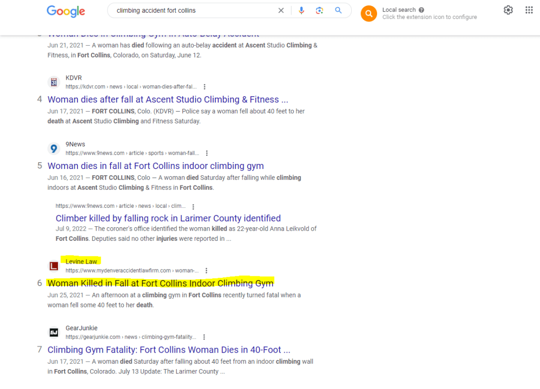 A google screenshot showing Levine Law ranking #6 in the search engine results pages for the search term "climbing accident fort collins"