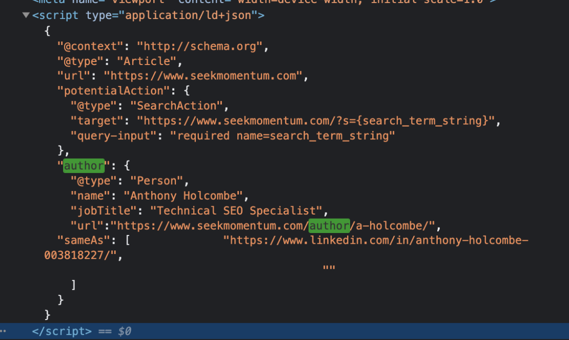 A screenshot showing schema from the backend as script