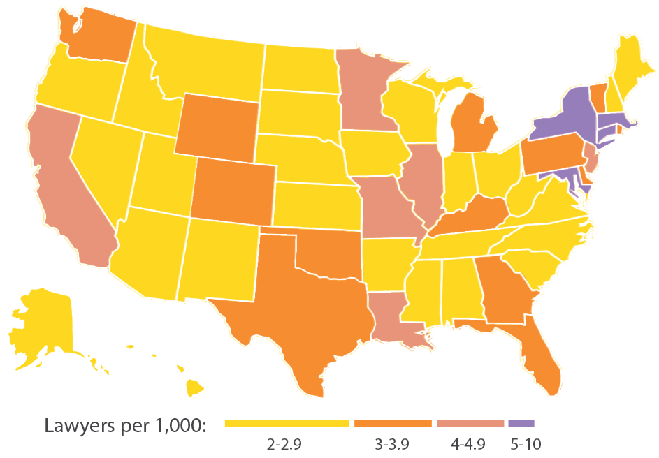 A map of the United States showing lawyers per 1,000 by state. 