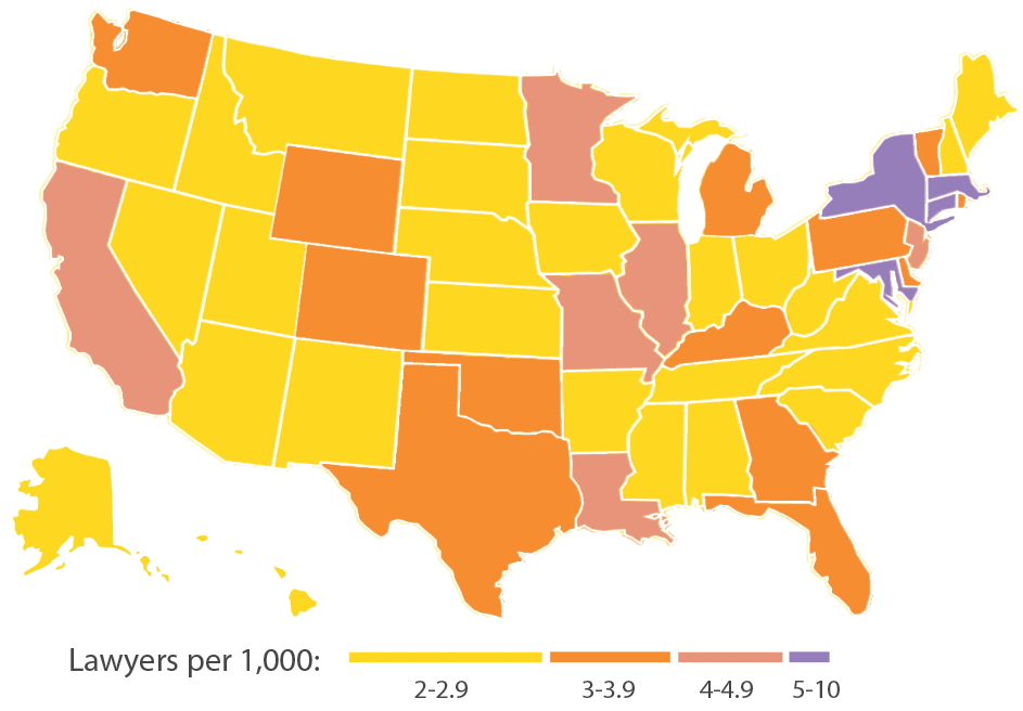 A map of the United States showing lawyers per 1,000 by state.
