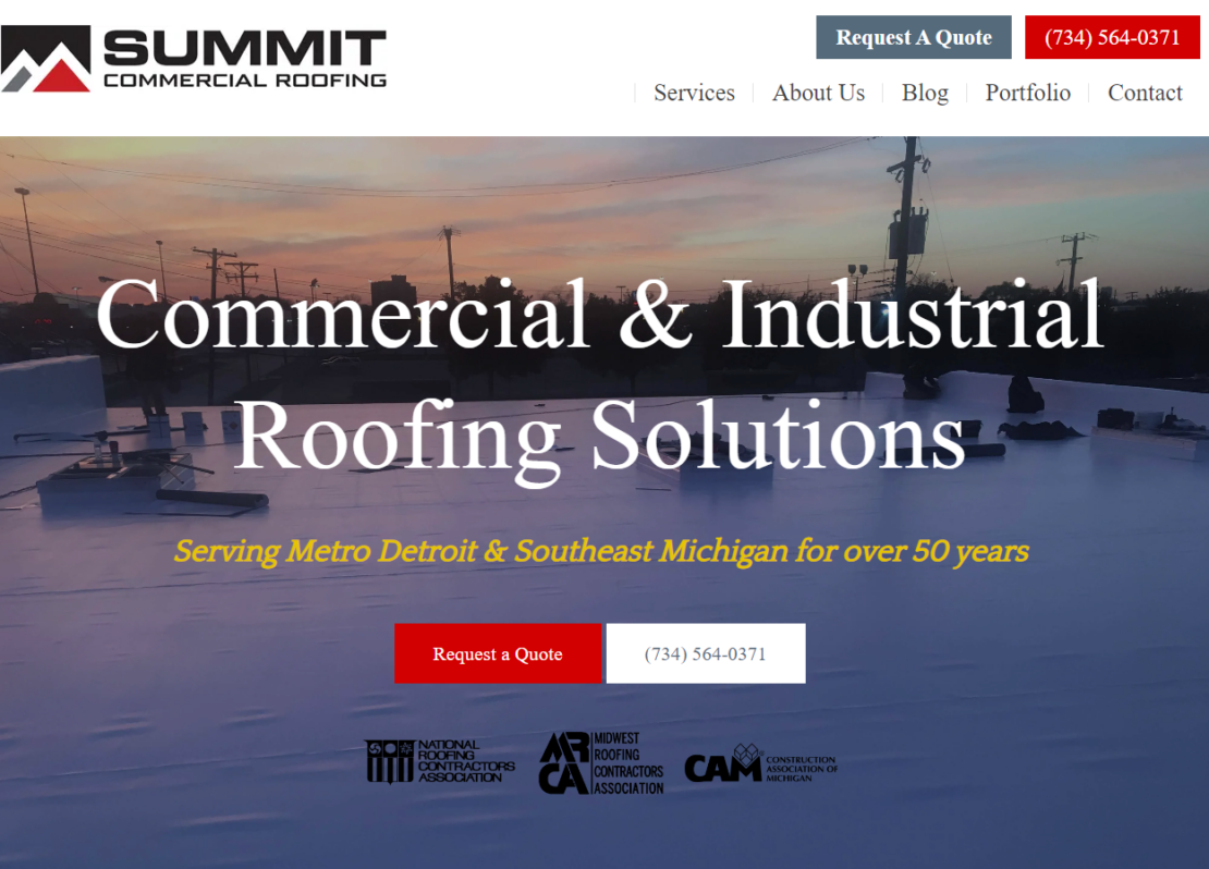 A screenshot of Summit Commercial Roofing's homepage. In the hero image is the text "Commercial & Industrial Roofing Solutions"