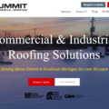 A screenshot of Summit Commercial Roofing's homepage. In the hero image is the text "Commercial & Industrial Roofing Solutions"