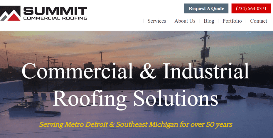 A screenshot of Summit Commercial Roofing's homepage. In the hero image is the text "Commercial & Industrial Roofing Solutions"