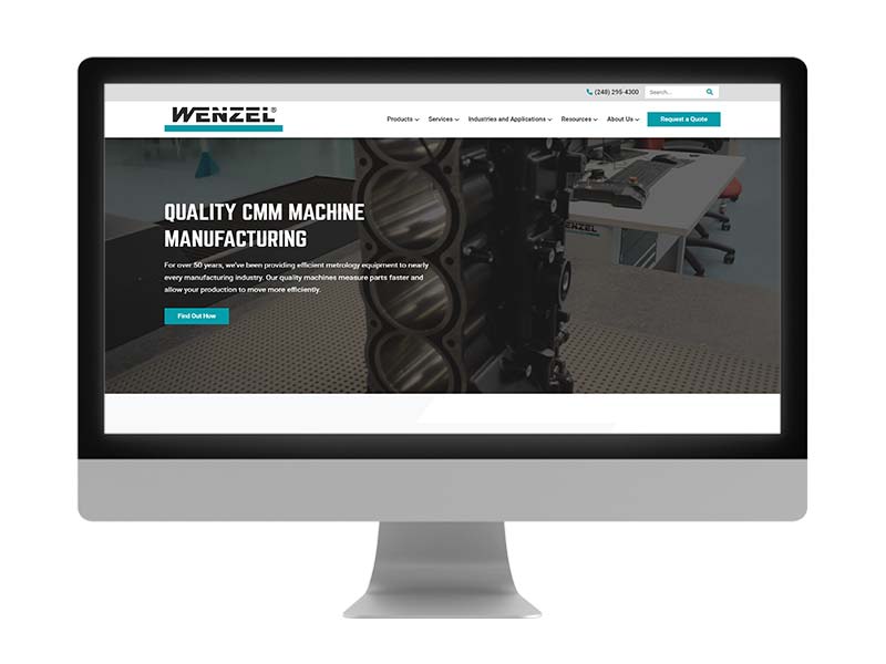 the hero image of Wenzel America, which features a high-quality video file showing their coordinate measuring machines in action, features a short 'Quality CMM Machining Manufacturing' headline, and has a simple blue 'Find Out How' call-to-action button that stands out