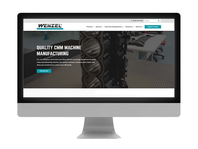 the hero image of Wenzel America, which features a high-quality video file showing their coordinate measuring machines in action, features a short 'Quality CMM Machining Manufacturing' headline, and has a simple blue 'Find Out How' call-to-action button that stands out