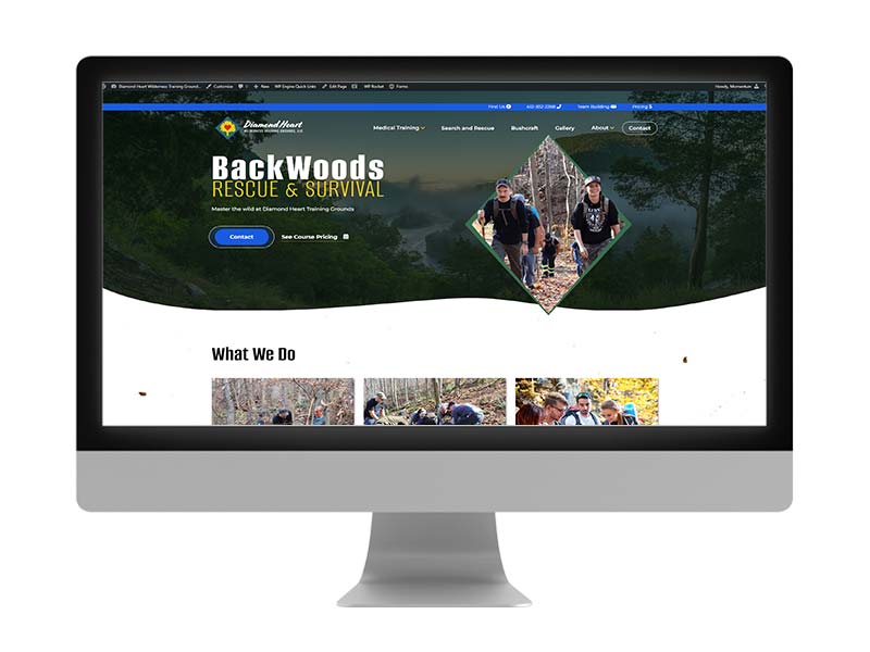 The hero image of Diamond Heart Wilderness Training Grounds' website, which features a unique backdrop image of forestry with a diamond shaped image that shows real people participating in their courses. The hero also features a short tagline 'Master the wild at Diamond Heart Training Grounds' and features two calls-to-action links that invite users to contact them to participate in a course or to see course pricing.