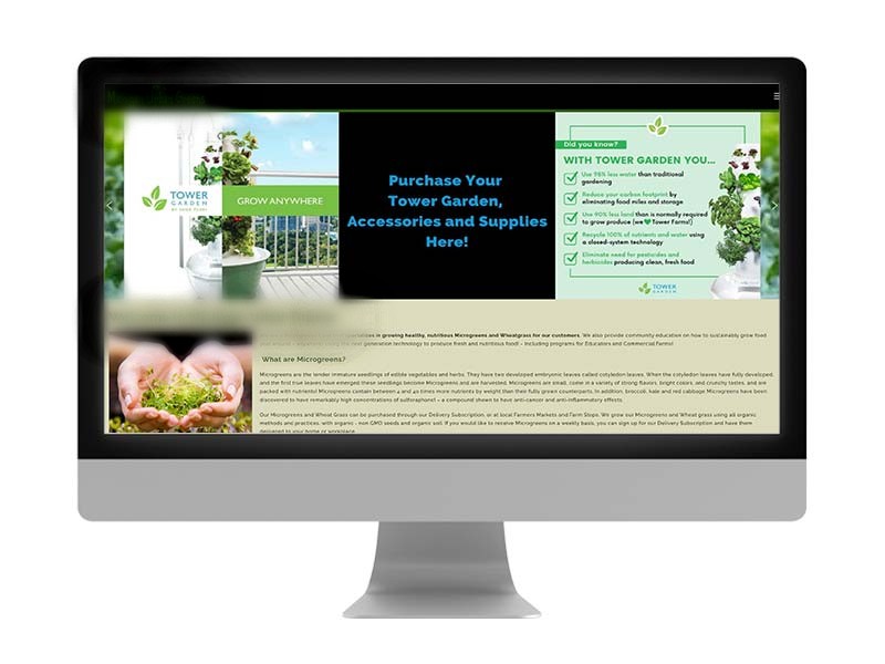 A hero image with a frozen slider image that encourages readers to purchase a tower garden, accessories, and supplies from the website. Below the slider is a tan section that highlights who the company is and what they do. 