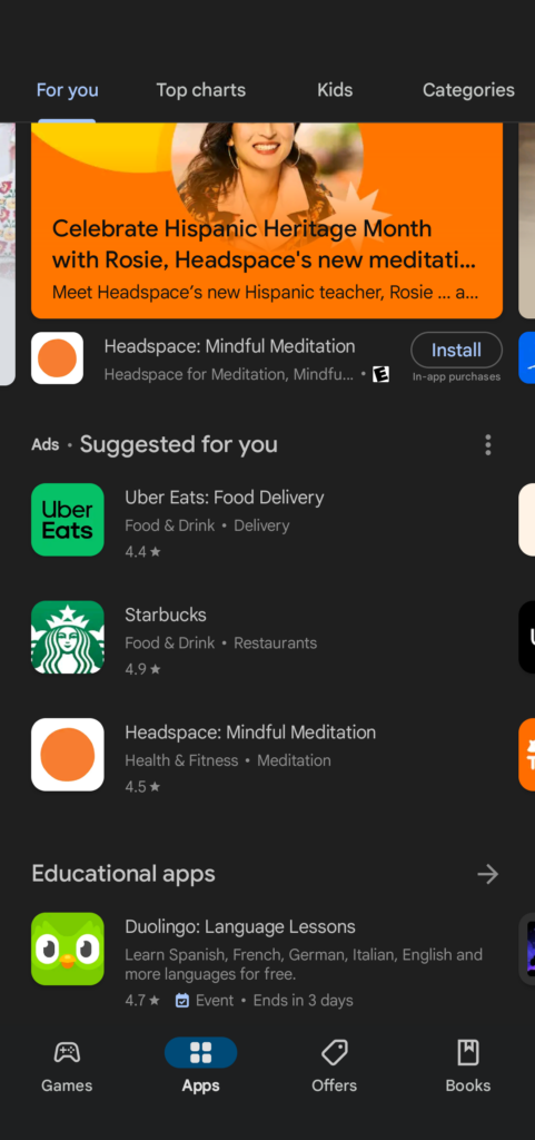 A mobile screenshot showing three app advertisements: UberEats, Starbucks, and Headspace