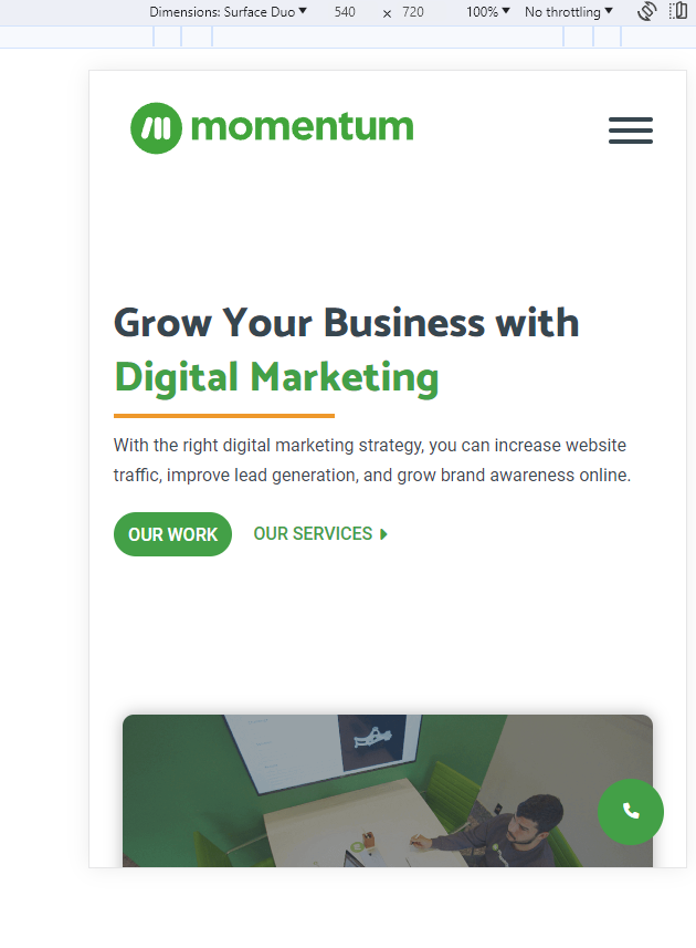 A screenshot of Momentum's website in Chrome's developer tools, showing a 540 x 720 view of the website, which are the dimensions of the Surface Duo.
