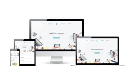Four images of screens showing the same website. From left to right, the devices shown are: cell phone, pad/tablet, desktop, and laptop. The website never changes on each screen, highlighting that this website has a responsive design.