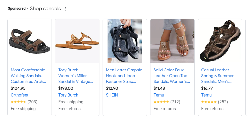 A screenshot from Google Shopping. On the top are sponsored shopping advertisements. Each advertisement features a picture of a sandal, a product name/title, price, brand name, and a star rating (out of 5 stars).