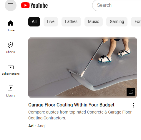 A screenshot of a video ad on YouTube. The thumbnail is of someone spreading a gray epoxy coating on a garage floor. The title of the ad is "Garage Floor Coating Within Your Budget" and below it says the Ad is sponsored by Angi.