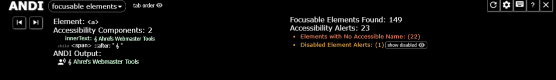 A screenshot from the ANDI accessibility tool. The image shows how many  elements are violating accessibility guidelines.