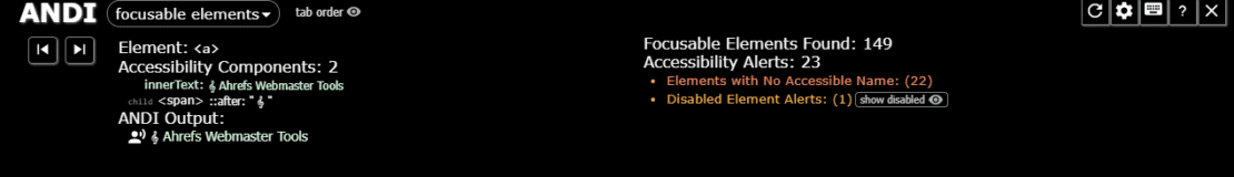 A screenshot from the ANDI accessibility tool. The image shows how many elements are violating accessibility guidelines.