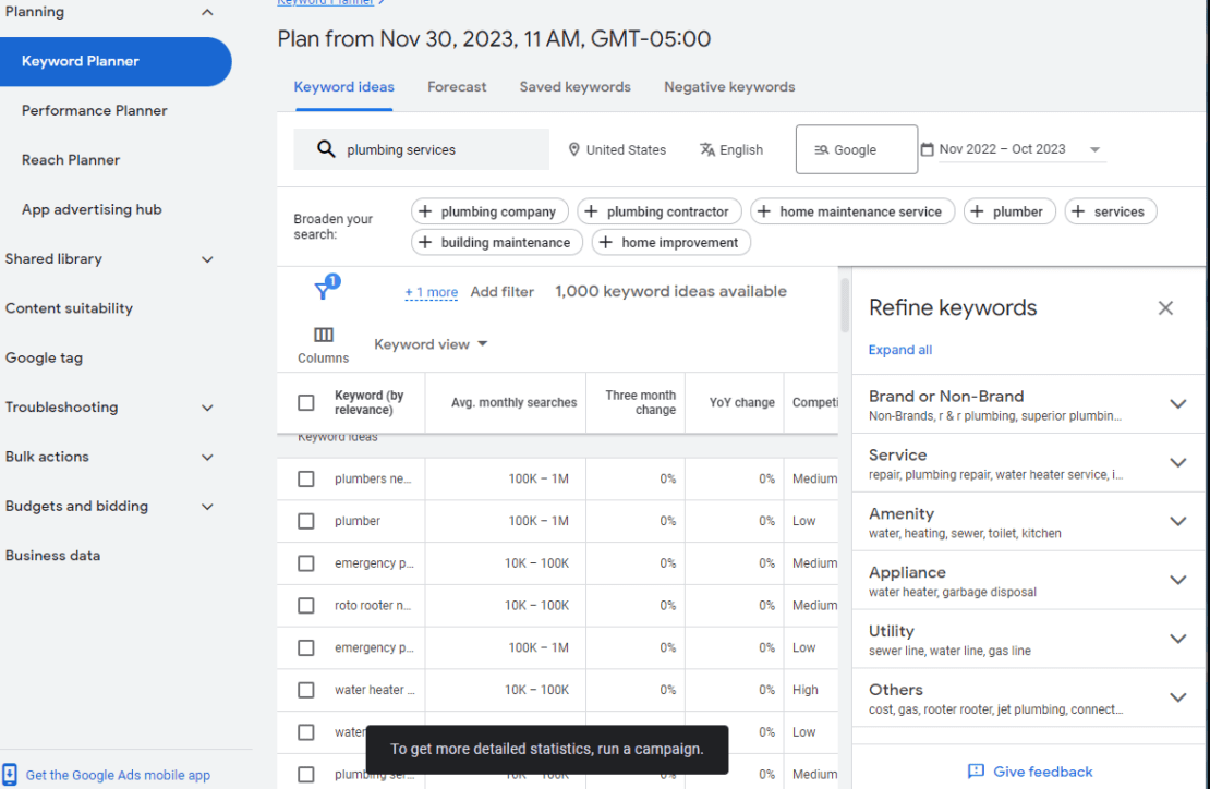 A screenshot from Google's keyword planner. The screenshot is a search for 'plumbing services.' The screenshot shoes a 'broaden your search' section with additional keywords relevant to plumbing, a chart showing avg. monthly searches and other pertinent information about the keyword, and a pop-up on the right that prompts the user to refine keywords based on search intent (brand/non-brand, service, etc.)