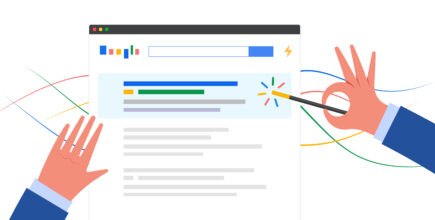 An illustrated image showing a redacted search engine results page. There are two hands hovering over the SERPs, one is placed on the SERPs and the other is holding a magic wand emitting magical lines in the color scheme of Google's logo