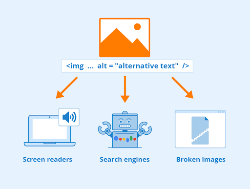 A photo icon with a box underneath it that says "<image ...alt="alternative text" />. Underneath that box are three arrows. One points to an icon that says 'screen readers,' another points to an icon that says 'search engines,' and the third points to an icon that says 'broken images.'