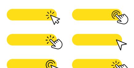 Six images representing someone clicking on a button. The buttons are yellow and the pointer on each image is different, varying from different types of hands to different types of arrows/pointers.