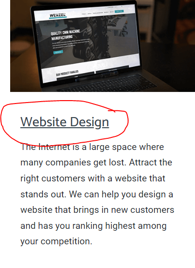 A screenshot from Momentum's website from the Services page. The hyperlinked text says 'Website Design' and the text underneath the link reads "The Internet is a large space where many companies get lost. Attract the right customers with a website that stands out. We can help you design a website that brings in new customers and has you ranking highest among your competition."