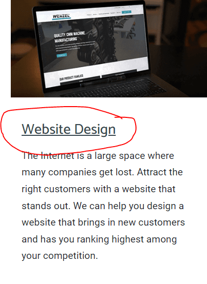 A screenshot from Momentum's website from the Services page. The hyperlinked text says 'Website Design' and the text underneath the link reads "The Internet is a large space where many companies get lost. Attract the right customers with a website that stands out. We can help you design a website that brings in new customers and has you ranking highest among your competition."