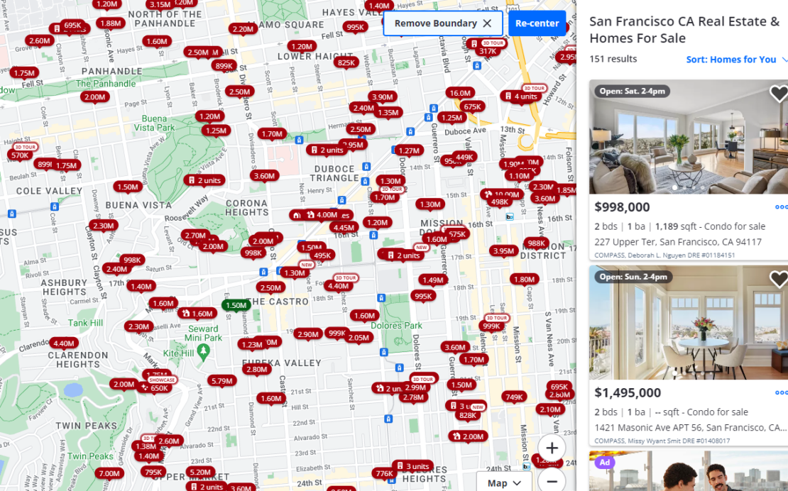 An interactive map showing various homes available for sale in San Francisco, California