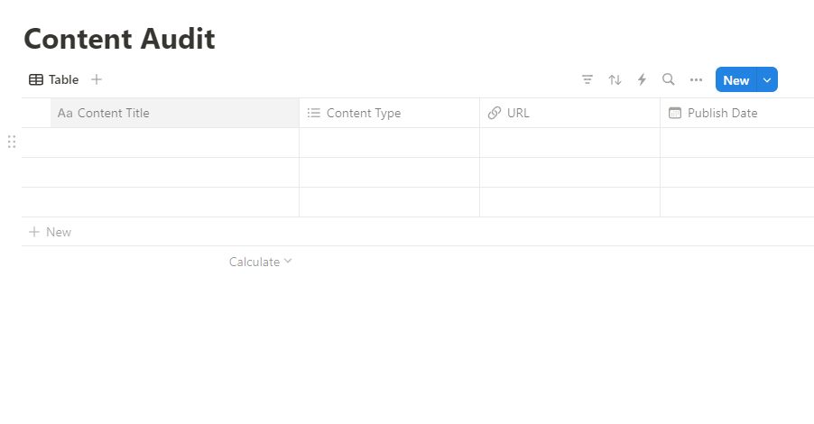 A blank content audit template showing properties for content title, content type, URL, and publish date