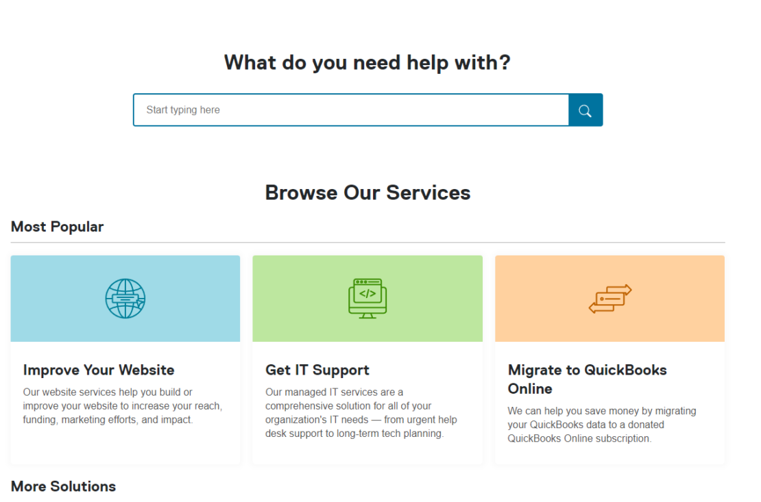 A screenshot from the Techsoup website that shows part of their service overview, including website services, IT support, and QuickBooks migration assistance