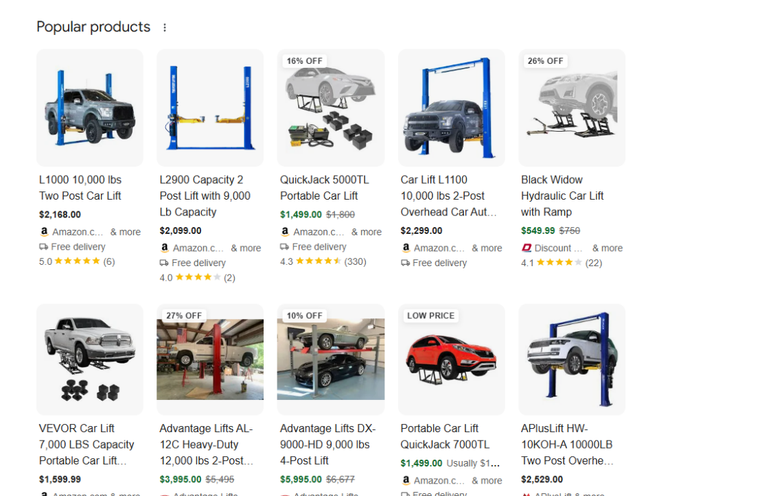 Google search results showing popular products for the search phrase 'automotive lift'