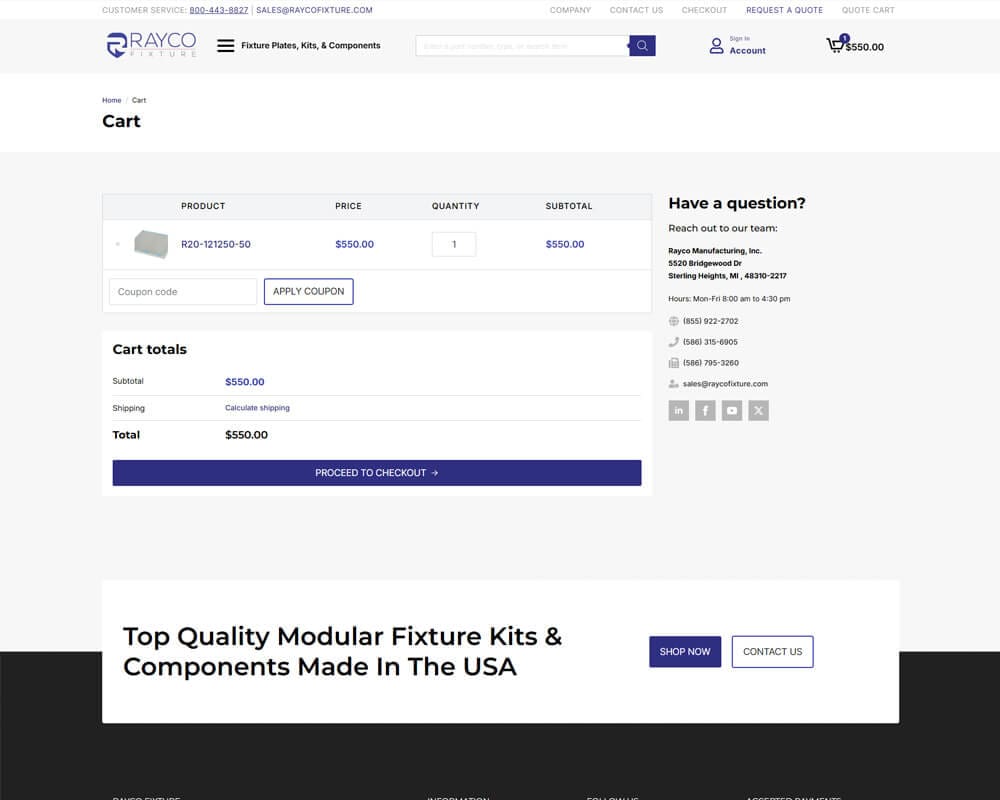 Rayco fixture cart page with product details, pricing, and checkout options.