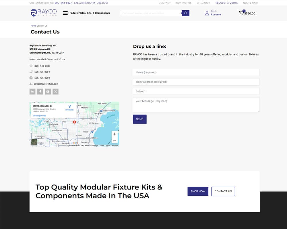 Contact page for Rayco Manufacturing with address, phone, email, map, and contact form.