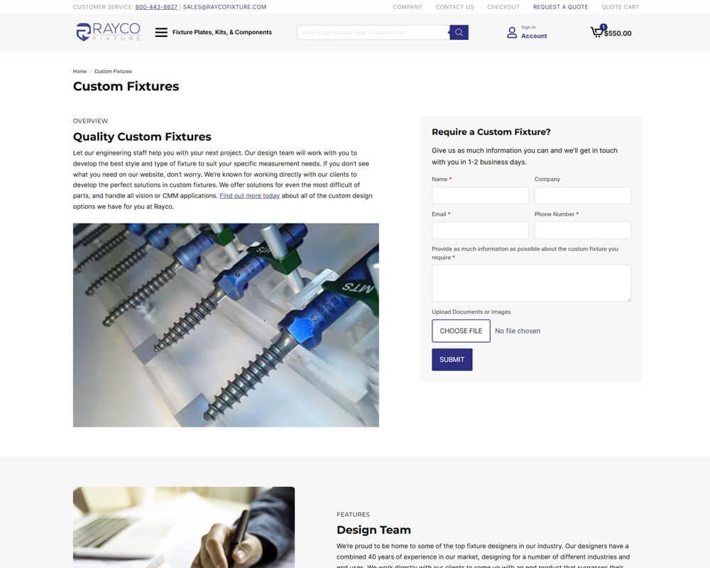 Rayco website showcasing custom fixtures with precision engineering components and design query form.