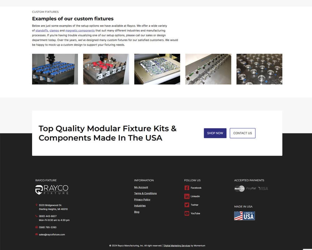 Rayco custom fixture examples with modular kits and components, made in the USA, contact options available.