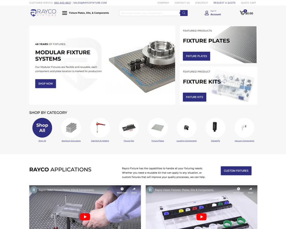 Rayco Fixture homepage showcasing modular fixtures and components.