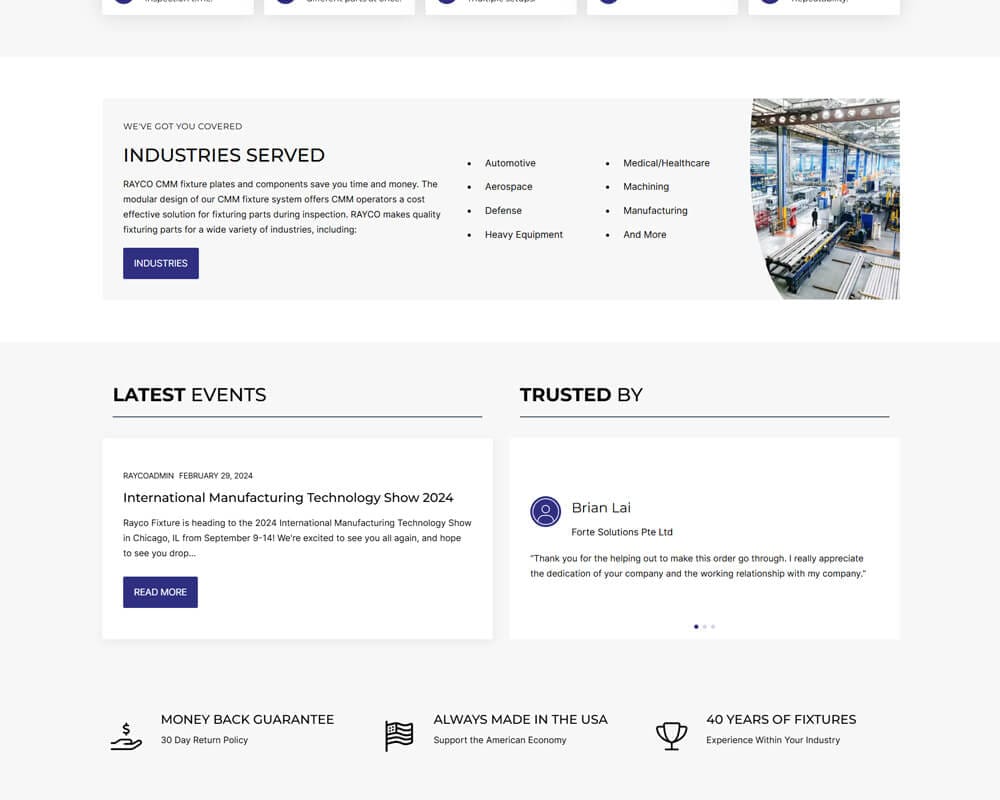 Manufacturing industry site showcasing services, events, testimonials, and quality commitments.