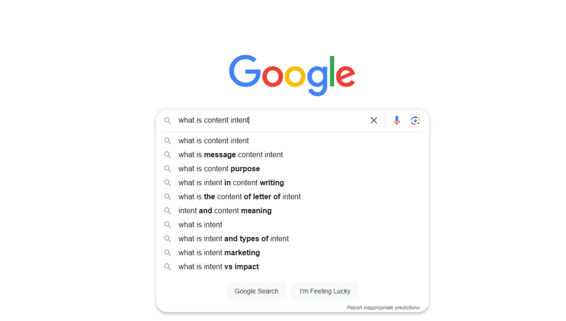 A Google search showing several dropdown search queries, including "what is content intent"