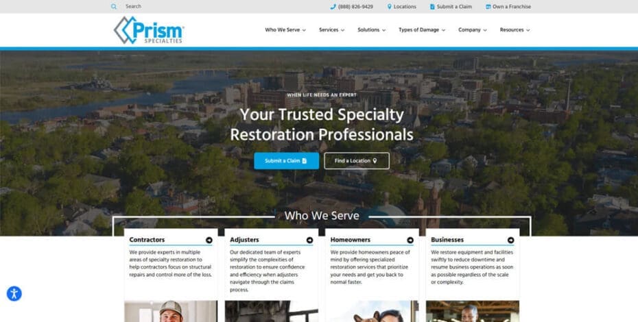 Prism Specialties homepage showcasing restoration services for contractors, adjusters, homeowners, and businesses.