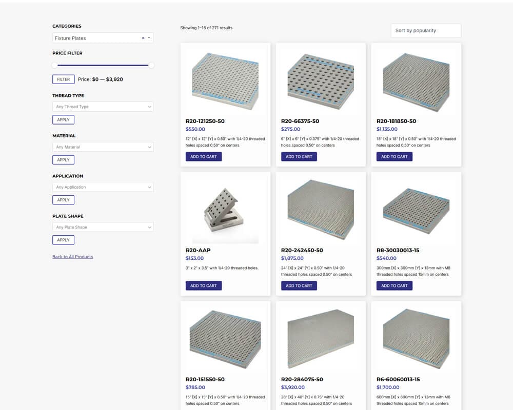 Shop fixture plates with threaded holes, various sizes and prices, options include R20-121250-50 and R20-AA.