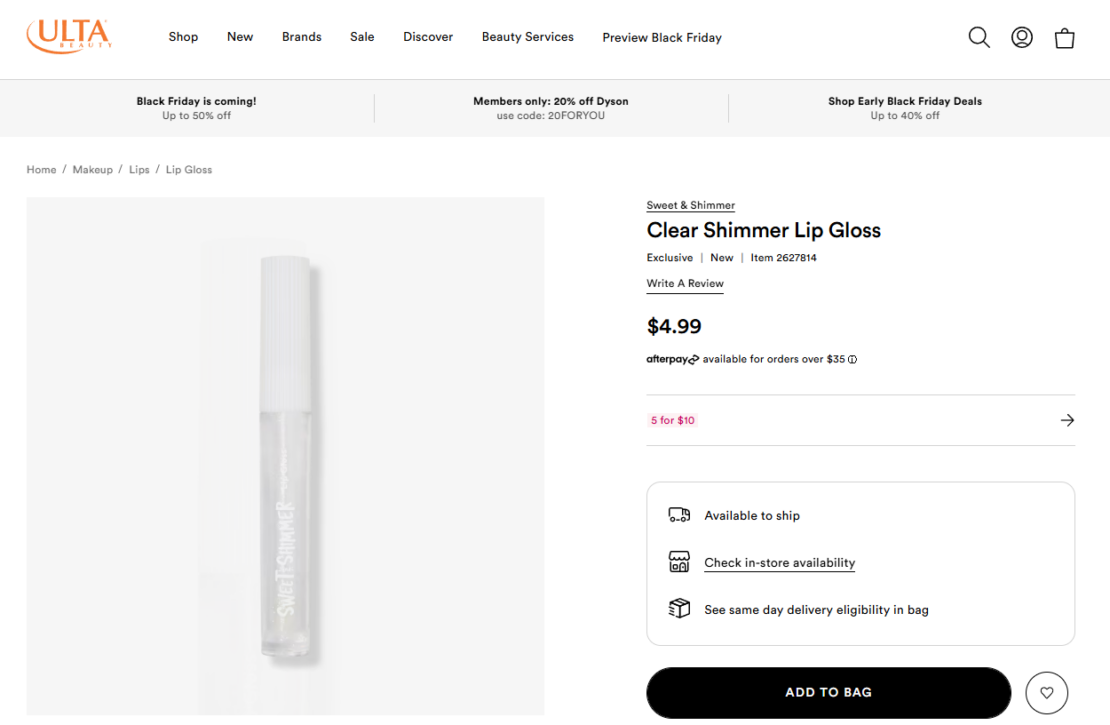 A product page from Ulta's website for Clear Shimmer Lip Gloss