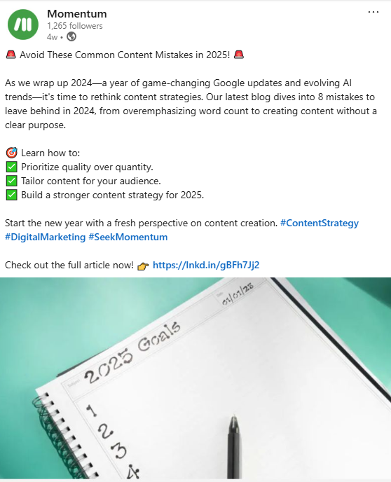 an example social media post Momentum did for our Avoid These 8 Content Creation Mistakes blog.