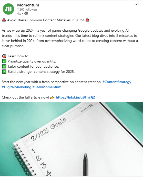 an example social media post Momentum did for our Avoid These 8 Content Creation Mistakes blog.