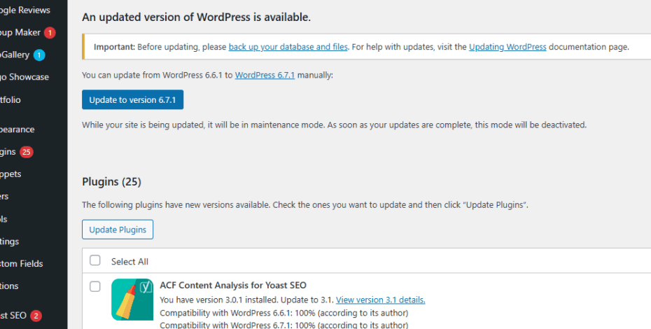 WordPress updates screenshot