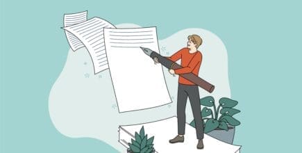 An illustration of a male writer holding a giant pen and writing on paper.