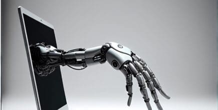 Robot hand coming out of a laptop screen to type