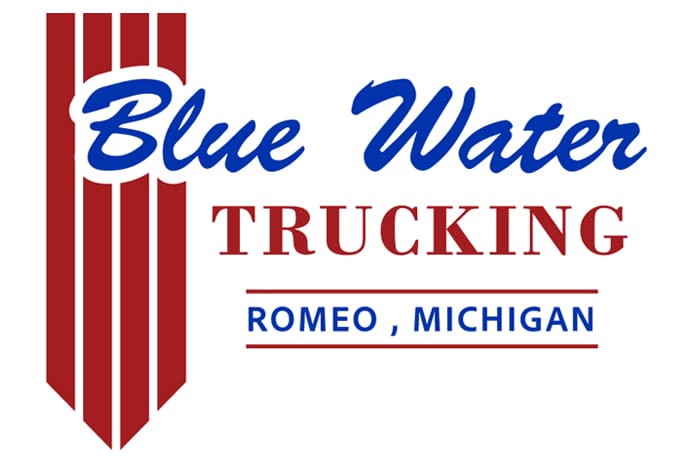 Blue Water Trucking logo with red stripes, based in Romeo, Michigan.