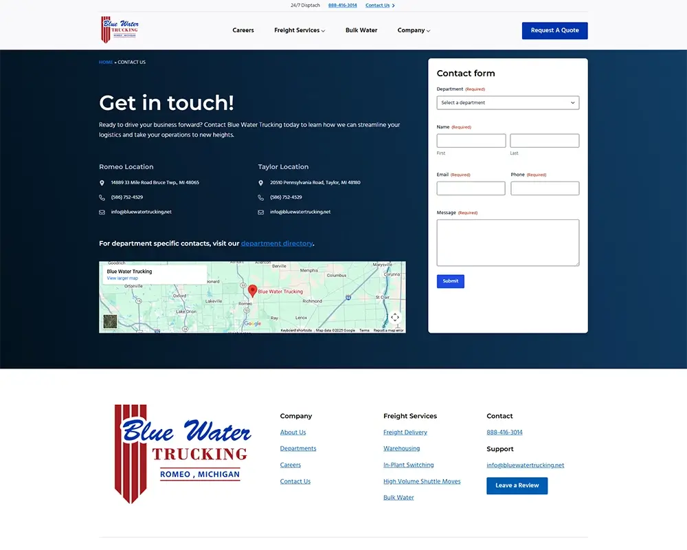 Blue Water Trucking contact page with locations, map, and contact form.