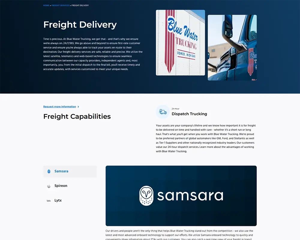 Blue Water Trucking freight delivery services page with company branding and Dispatch Trucking information.