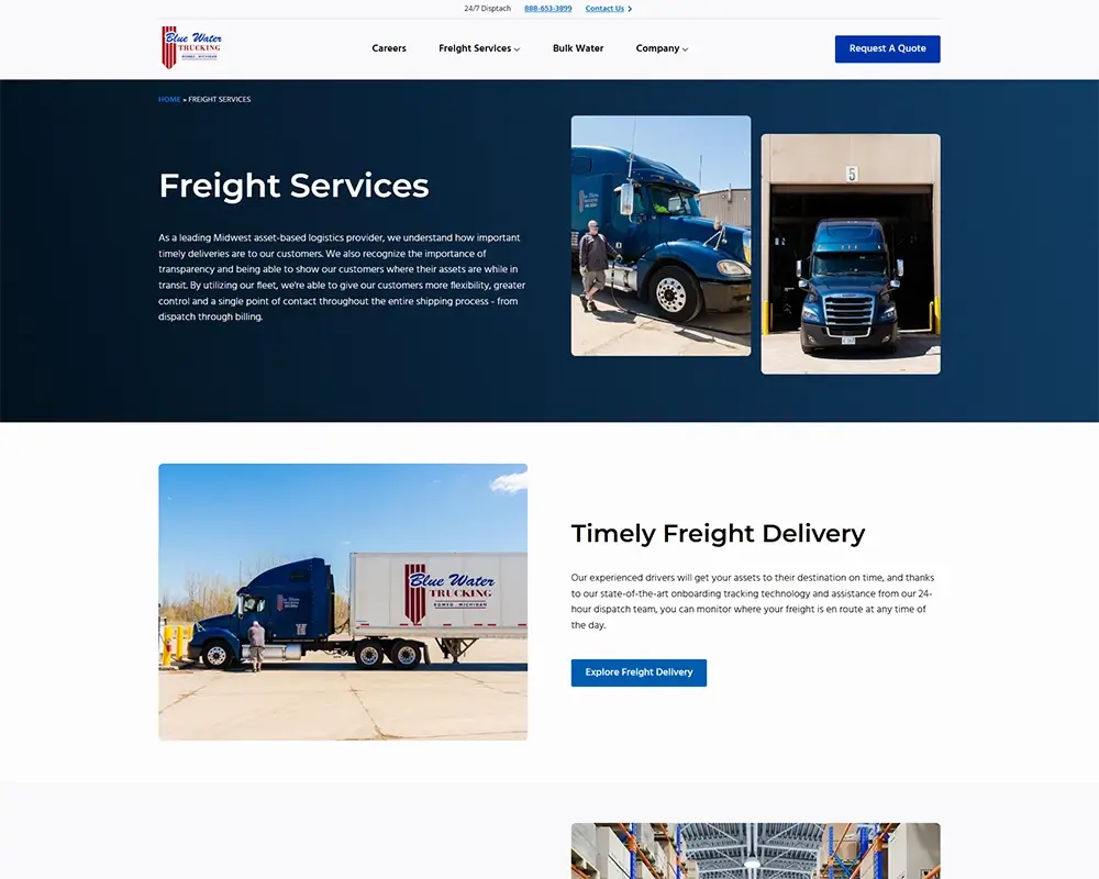 Blue Water Trucking website showcasing freight services with images of trucks and timely delivery information.