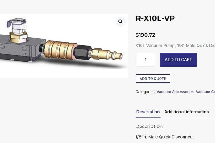 R-X10L-VP vacuum pump with 1/8" male quick disconnect, price $190.72, image shown on product page.