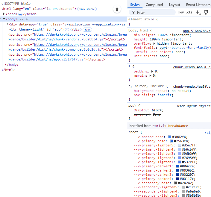 A screenshot of source code from a Breakdance website